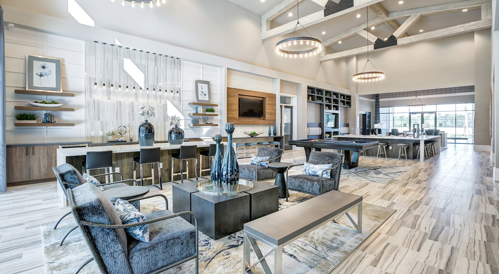 Resident clubhouse lounge with vaulted timber ceiling